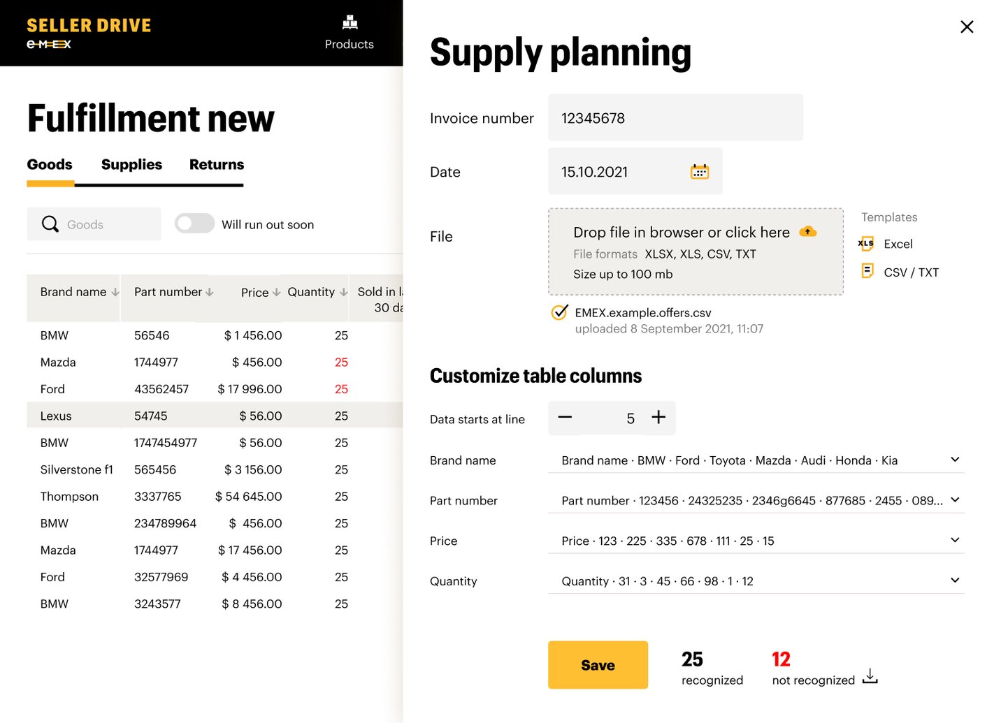 EMEX DWC supply planning panel with file upload