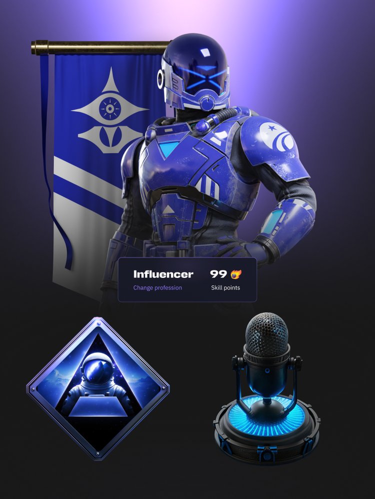 Influencer character in blue armour with badges