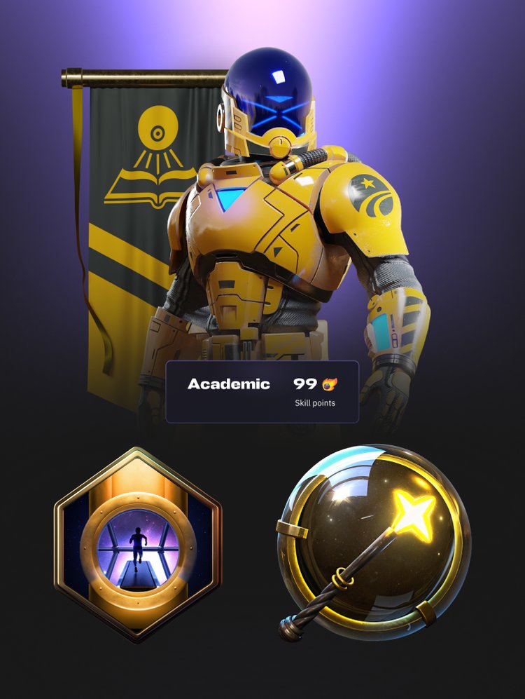 Academic character in yellow armour with badges