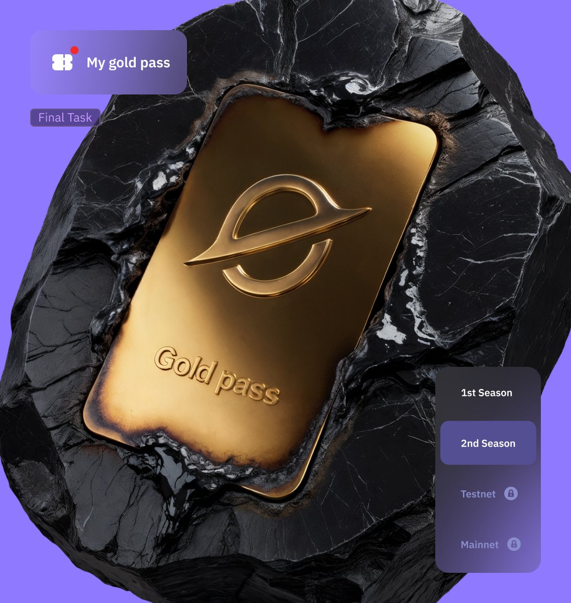Gold pass with EVEDEX logo set in black rock
