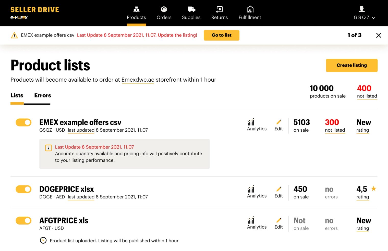 EMEX DWC seller portal product lists page