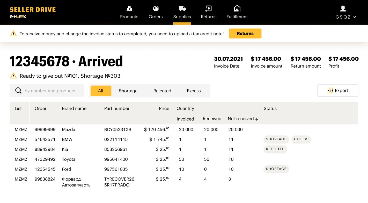 EMEX DWC invoice details with shortage statuses