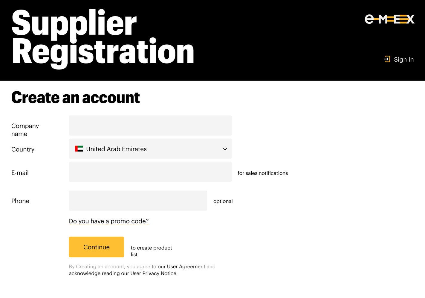 EMEX DWC supplier registration form