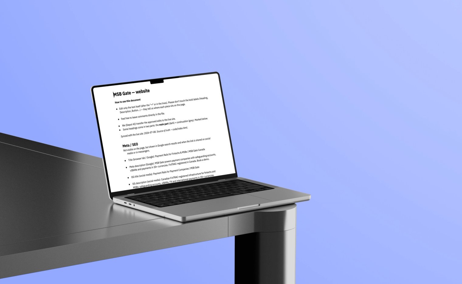 MSB Gate website copy document on a laptop