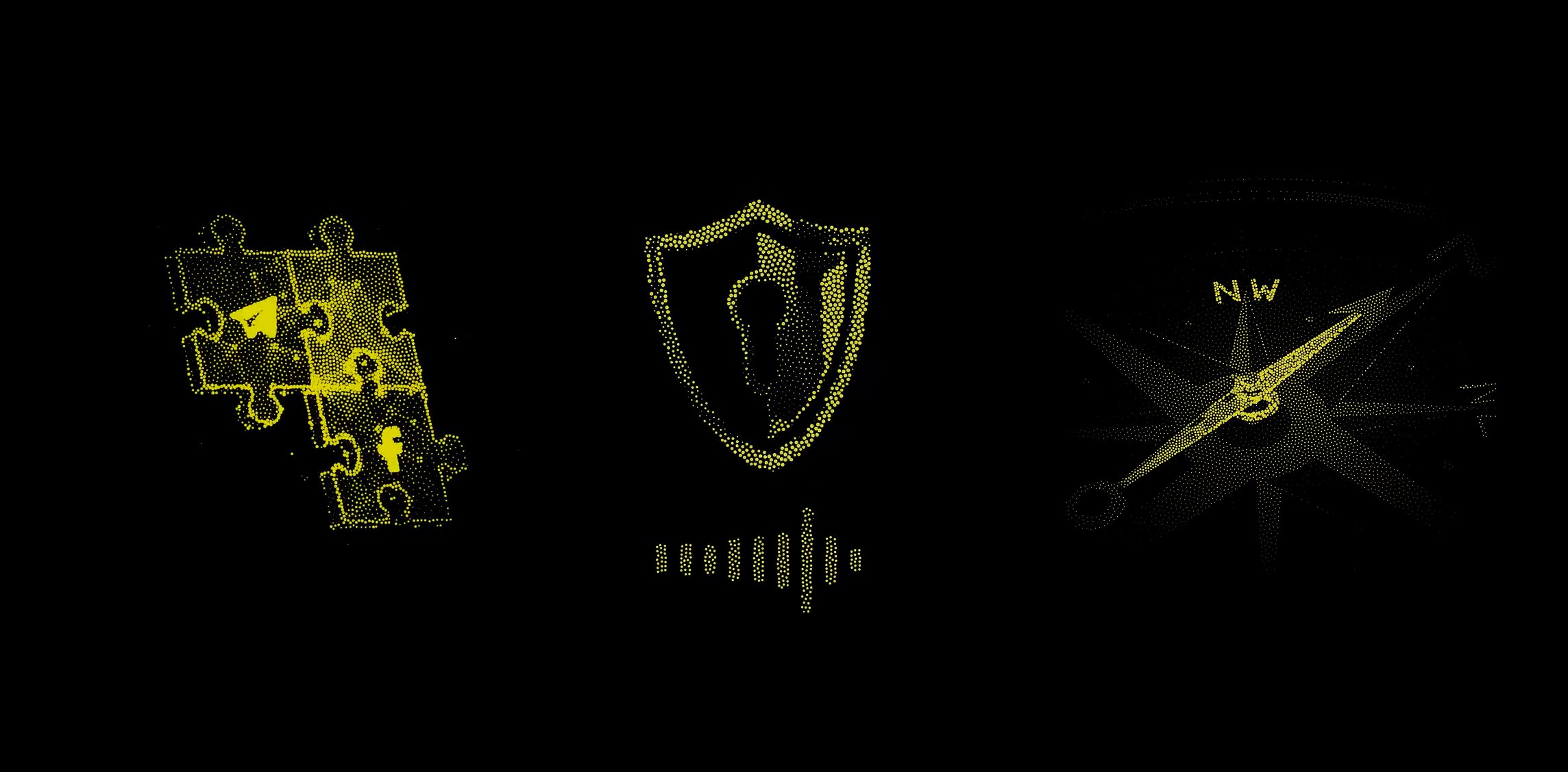 Dotted puzzle, shield and compass illustrations